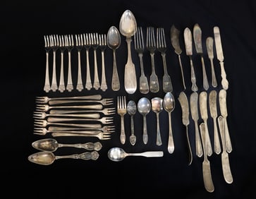 LOT OF SILVERPLATE AND TWO COIN SILVER SPOONS