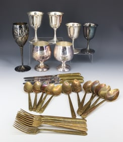 LOT OF SILVERPLATE GOBLETS AND GOLD-TONE FLATWARE