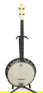 FOUR-STRING BANJO: GRETSCH. MAHOGANY BACK AND NECK. MICA FLECK HEADSTOCK. WITH CASE. 34" L. PLEASE READ CAREFULLY - Terms for Purchasing and Shipping of Auction Items. Please read carefully before bidding. Hartzell&#821