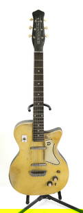 VINTAGE ELECTRIC GUITAR: DANELECTRO. CREAM COLORED BODY. WITH CASE. 38" L. PLEASE READ CAREFULLY - Terms for Purchasing and Shipping of Auction Items. Please read carefully before bidding. Hartzell&#8217;s Auction Gallery. Ha
