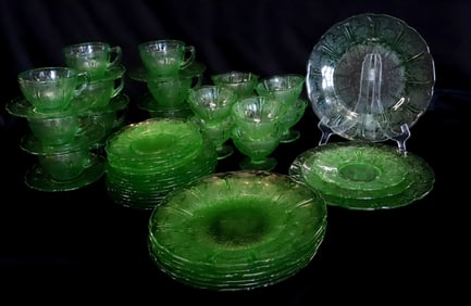 51-PIECE GREEN CHERRY BLOSSOM URANIUM GLASS DISHES, DEPRESSION