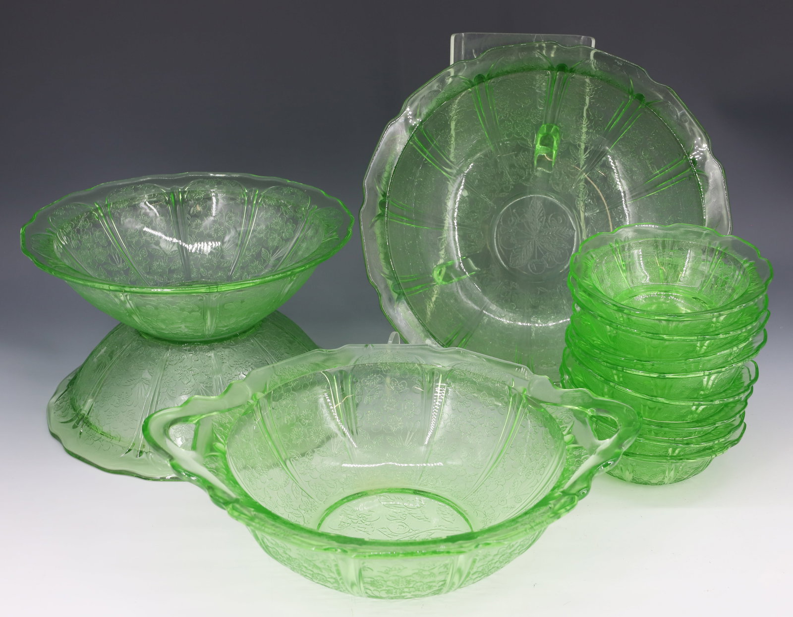 12-PIECE GREEN CHERRY BLOSSOM URANIUM GLASS DISHES, DEPRESSION (1 of 5)