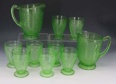 10-PIECE GREEN CHERRY BLOSSOM URANIUM DISHES, DEPRESSION