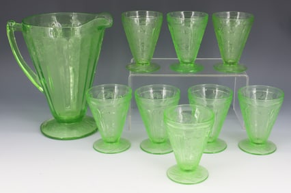 9-PIECE GREEN CHERRY BLOSSOM URANIUM GLASS, DEPRESSION