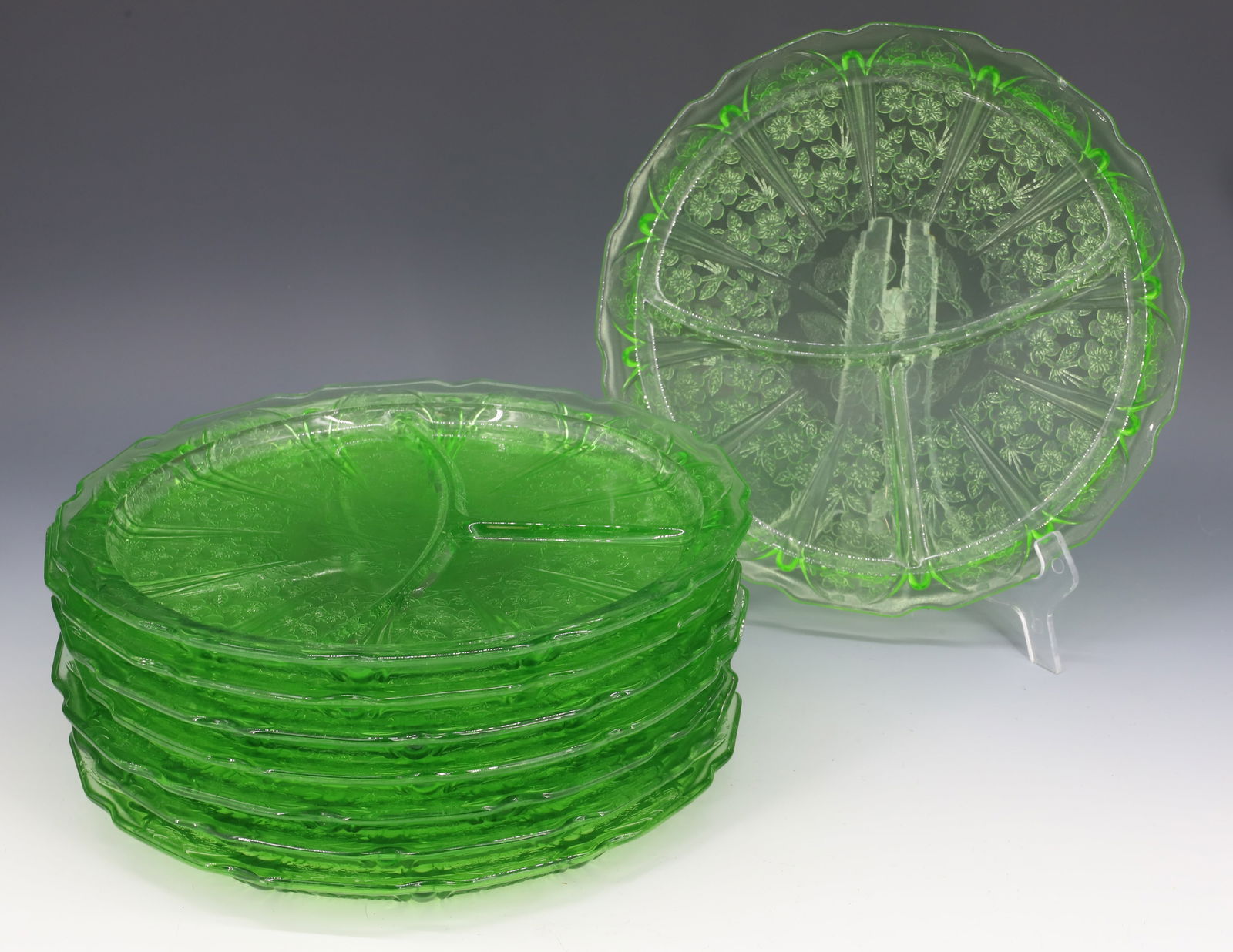 (8) GREEN CHERRY BLOSSOM DIVIDED PLATES, URANIUM GLASS (1 of 4)