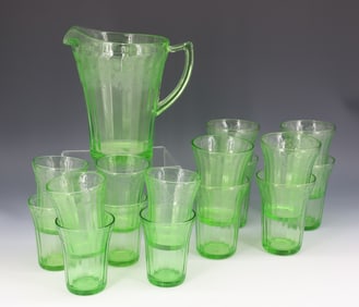 17-PIECE GREEN CHERRY BLOSSOM URANIUM GLASS, DEPRESSION
