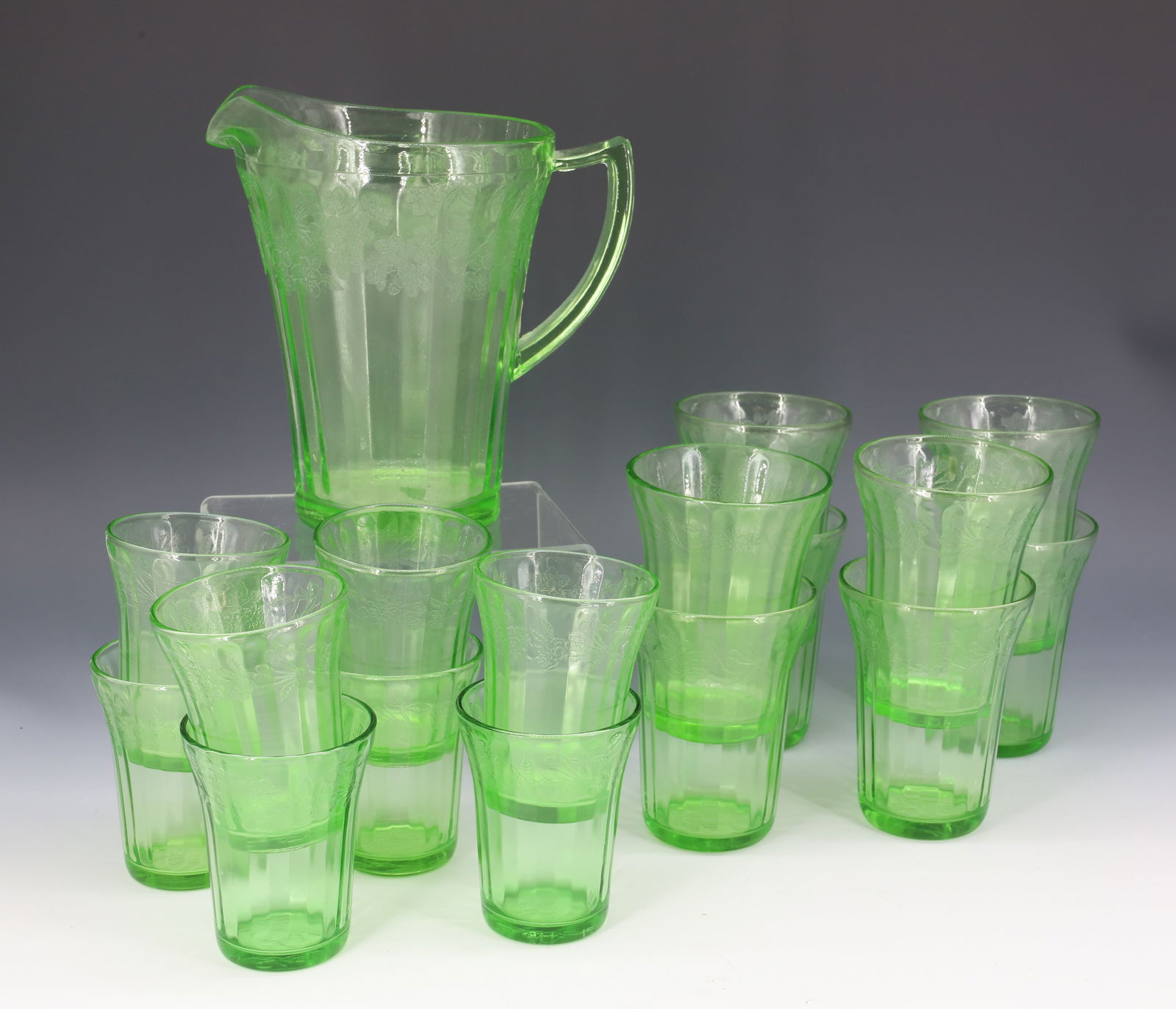 17-PIECE GREEN CHERRY BLOSSOM URANIUM GLASS, DEPRESSION (1 of 3)