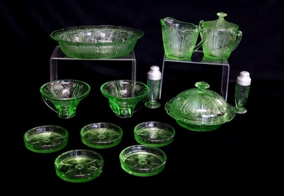 13-PIECE GREEN URANIUM GLASS DISHES, DEPRESSION