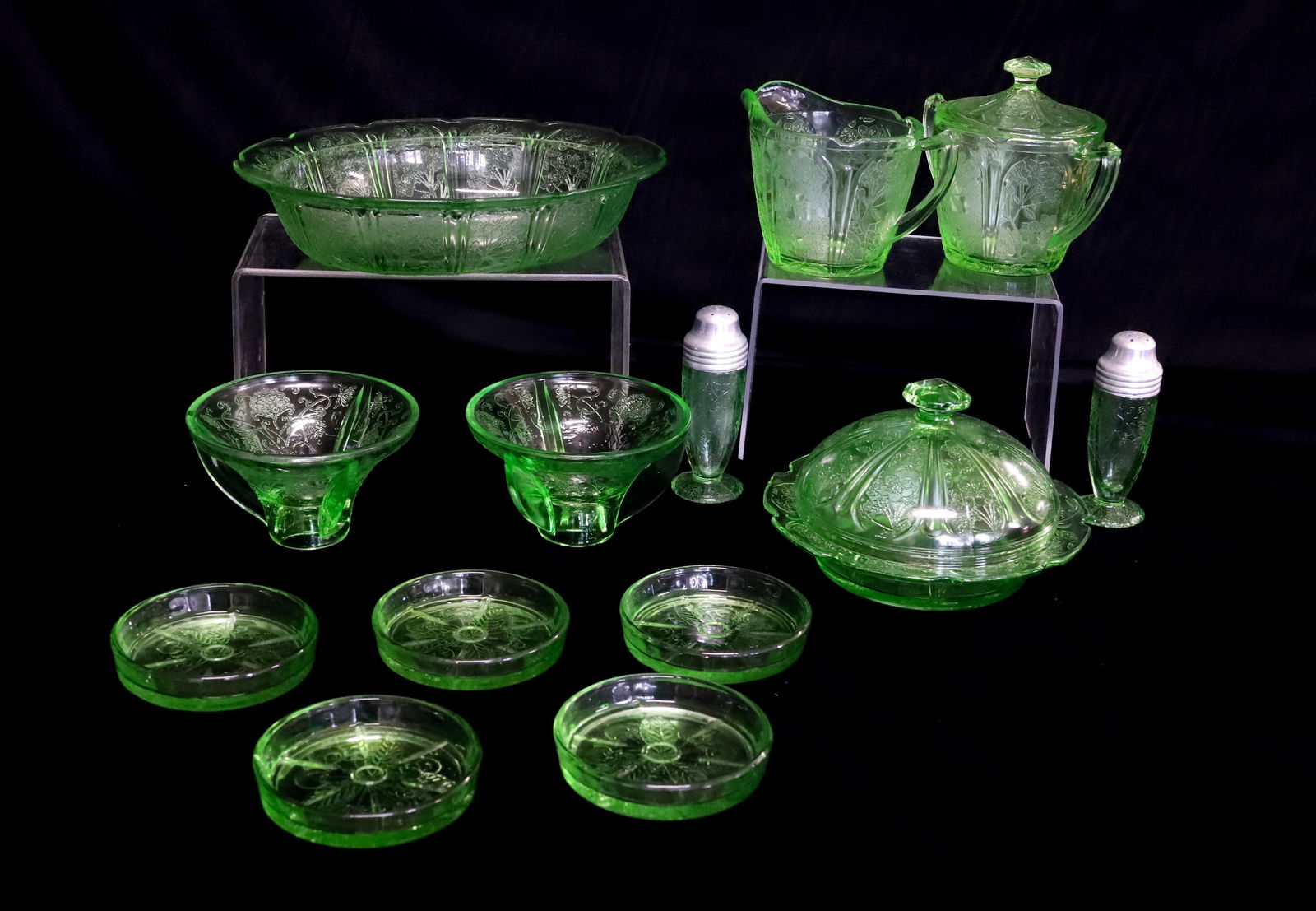 13-PIECE GREEN URANIUM GLASS DISHES, DEPRESSION (1 of 7)