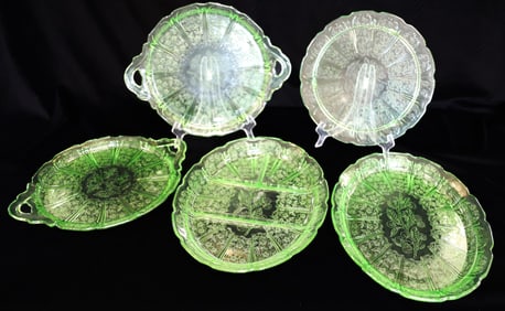 5-PIECE GREEN URANIUM GLASS TRAYS, CHERRY BLOSSOM DEPRESSION