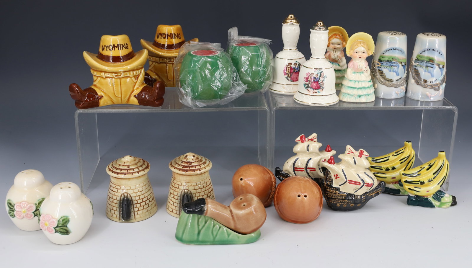 LOT OF VINTAGE SALT AND PEPPER SHAKERS: 11 SETS INCLUDING: ACORNS, WYOMING COWBOY, PIPE/HOLDER, SHIPS AND MORE. PLEASE READ CAREFULLY - Terms for Purchasing and Shipping of Auction Items. Please read carefully before bidding. Hartzell’