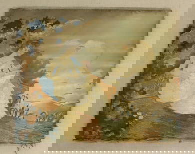 ANTIQUE NEEDLEWORK / WATERCOLOR PORTRAIT: YOUNG WOMAN HOLDING CHILD. STUMPWORK EMBROIDERY WITH ADDITION OF WATERCOLOR ON SILK. MOUNTED UNDER LUCITE. SIGHT VIEW 9 1/2" X 11 1/2". PLEASE READ CAREFULLY - Terms for Purchasing and Shipping of Auc