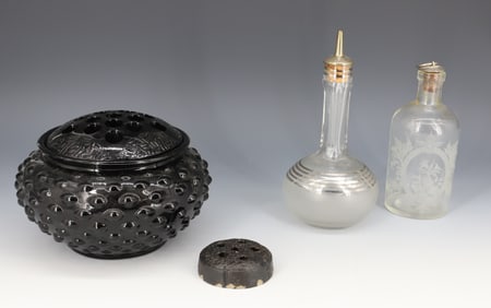 AMETHYST HOBNAIL ROSE BOWL AND BARBER BOTTLES