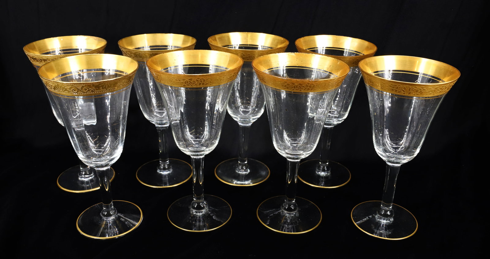 TIFFIN-FRANSCISCAN WINE GLASSES: CLEAR WITH GOLD TRIM "RAMBLER ROSE" PATTERN. 6 3/4" H. PLEASE READ CAREFULLY - Terms for Purchasing and Shipping of Auction Items. Please read carefully before bidding. Hartzell’s Auction Galler