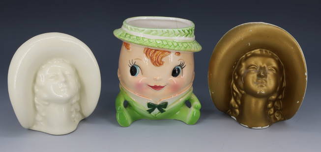 LOT OF THREE CERAMIC VASES: TWO WOMEN WITH HATS (WALL POCKETS) ONE WITH S.S. KRESGE CO. TAG. RELPO BOY WITH HAT 5" H. PLEASE READ CAREFULLY - Terms for Purchasing and Shipping of Auction Items. Please read carefully before biddi