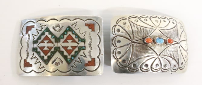 (2) NAVAJO SILVER BELT BUCKLES