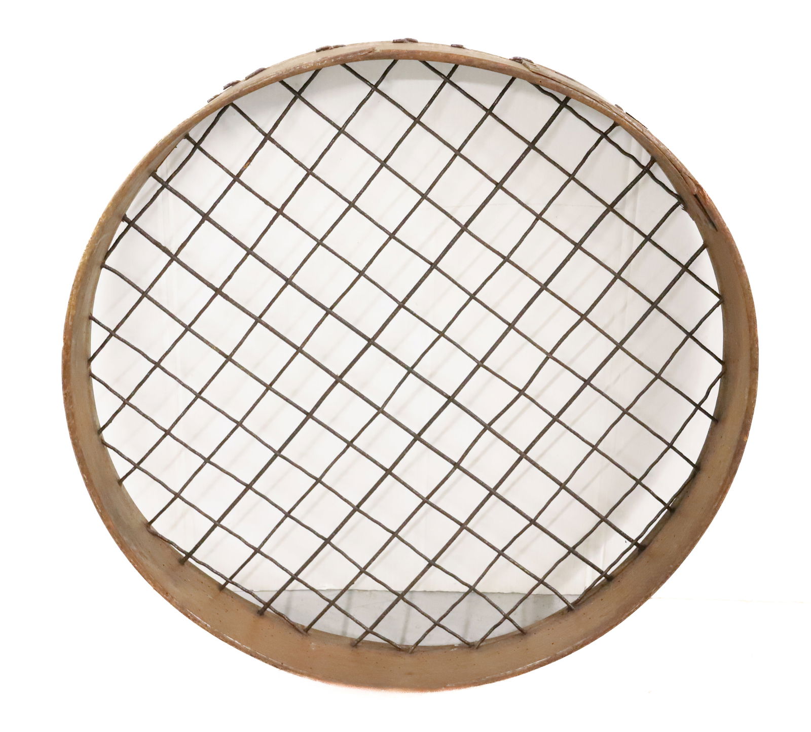 COUNTRY POTATO SIEVE: BANDED WOOD AND WIRE. 23 1/2" D. PLEASE READ CAREFULLY - Terms for Purchasing and Shipping of Auction Items. Please read carefully before bidding. Hartzell’s Auction Gallery. Hartzell's Auction