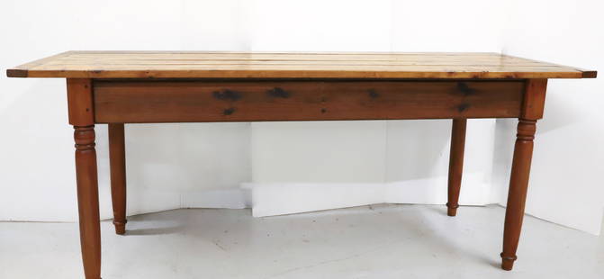 COUNTRY HARVEST TABLE: TURNED LEGS. BREADBOARD END TOP. 31" X 76" X 27". HEIGHT TO BOTTOM EDGE FROM FLOOR 24". PLEASE READ CAREFULLY - Terms for Purchasing and Shipping of Auction Items. Please read carefully before bidding