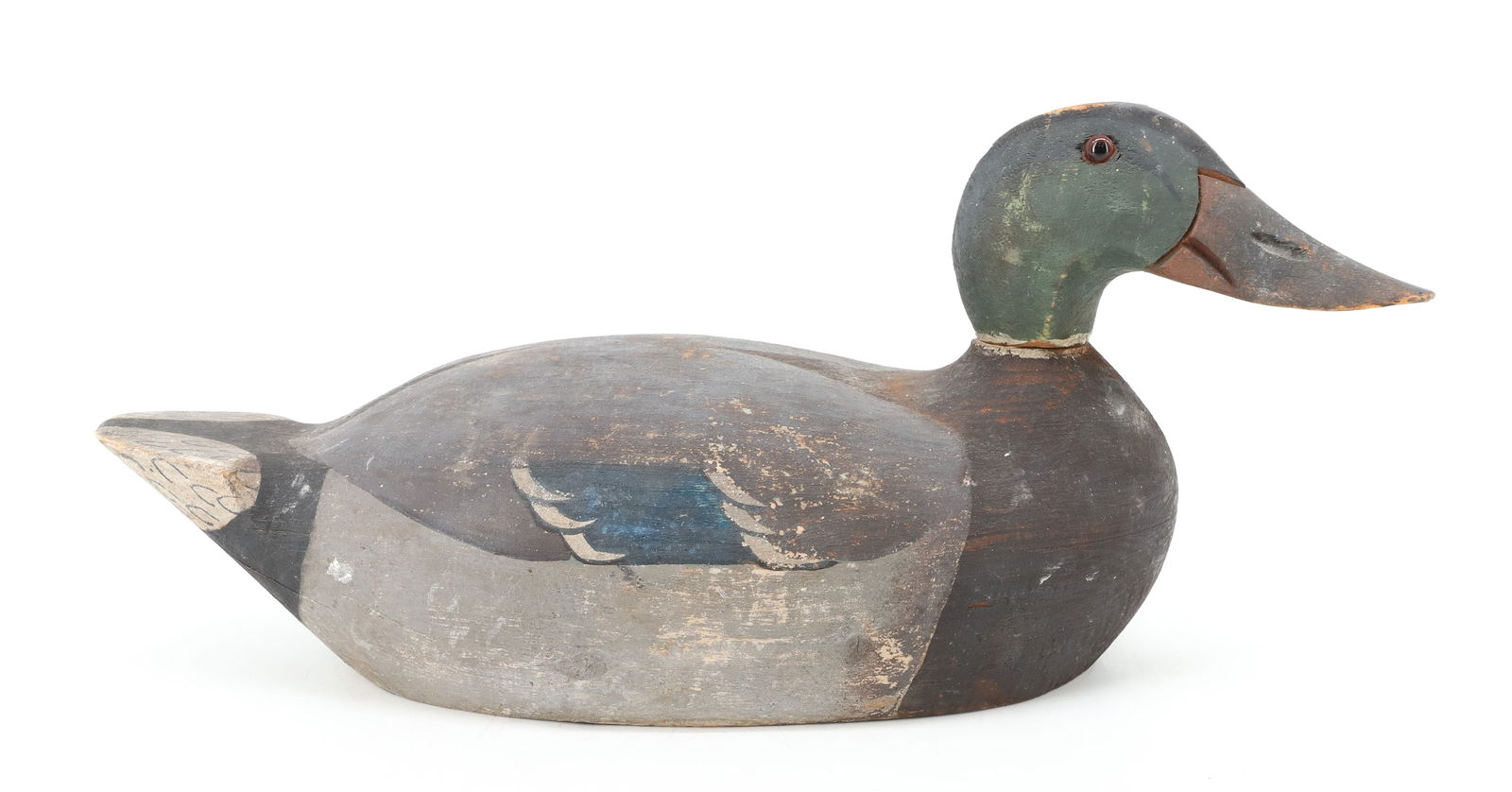 CARVED WOODEN DECOY: PAINTED SURFACE. GLASS EYES. 15 1/2" L. PLEASE READ CAREFULLY - Terms for Purchasing and Shipping of Auction Items. Please read carefully before bidding. Hartzell’s Auction Gallery. Hartzell's A