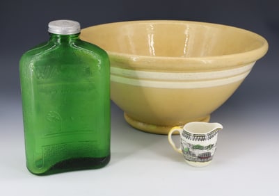 YELLOW WARE MIXING BOWL, BOTTLE AND CREAMER