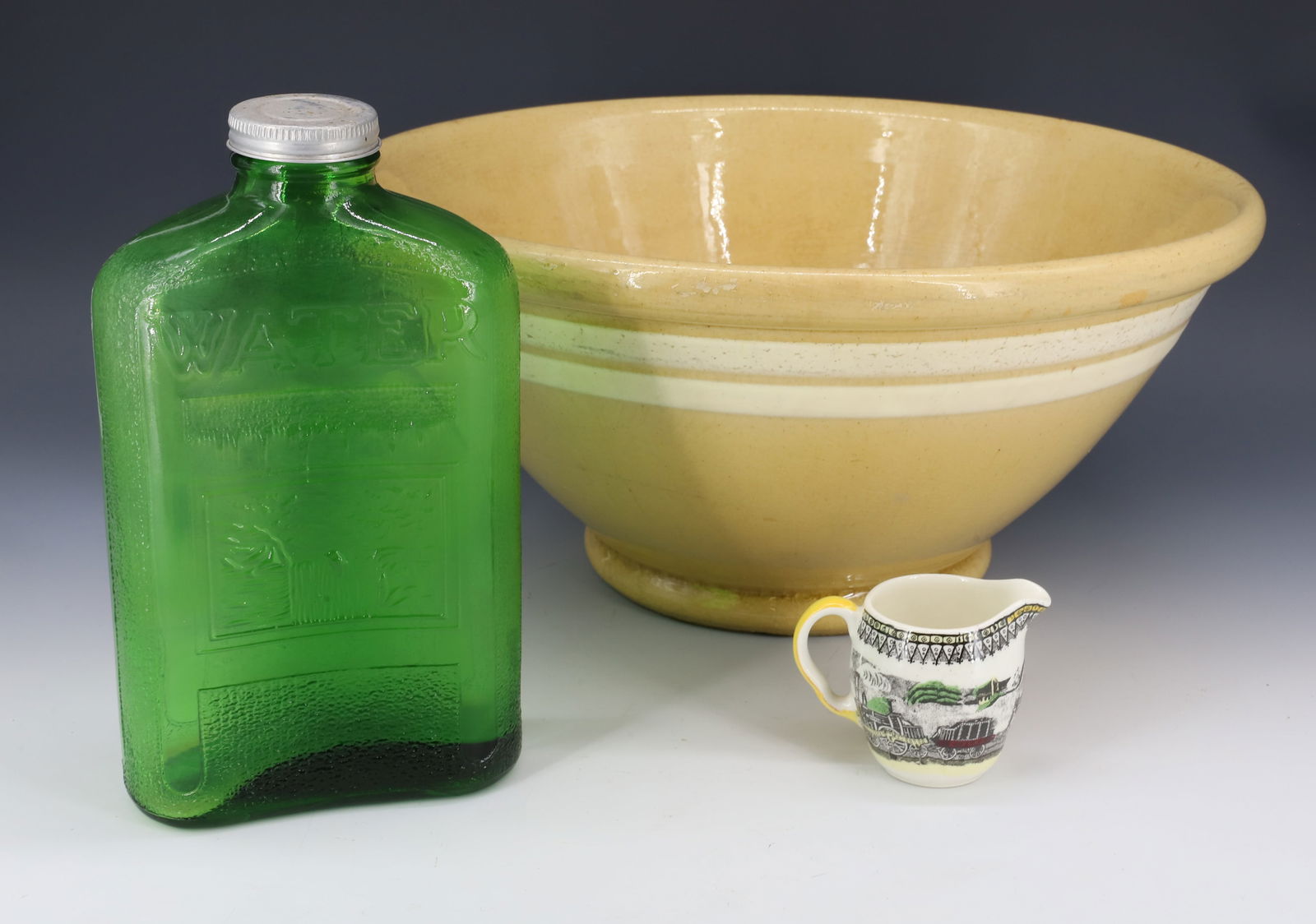 YELLOW WARE MIXING BOWL, BOTTLE AND CREAMER (1 of 9)
