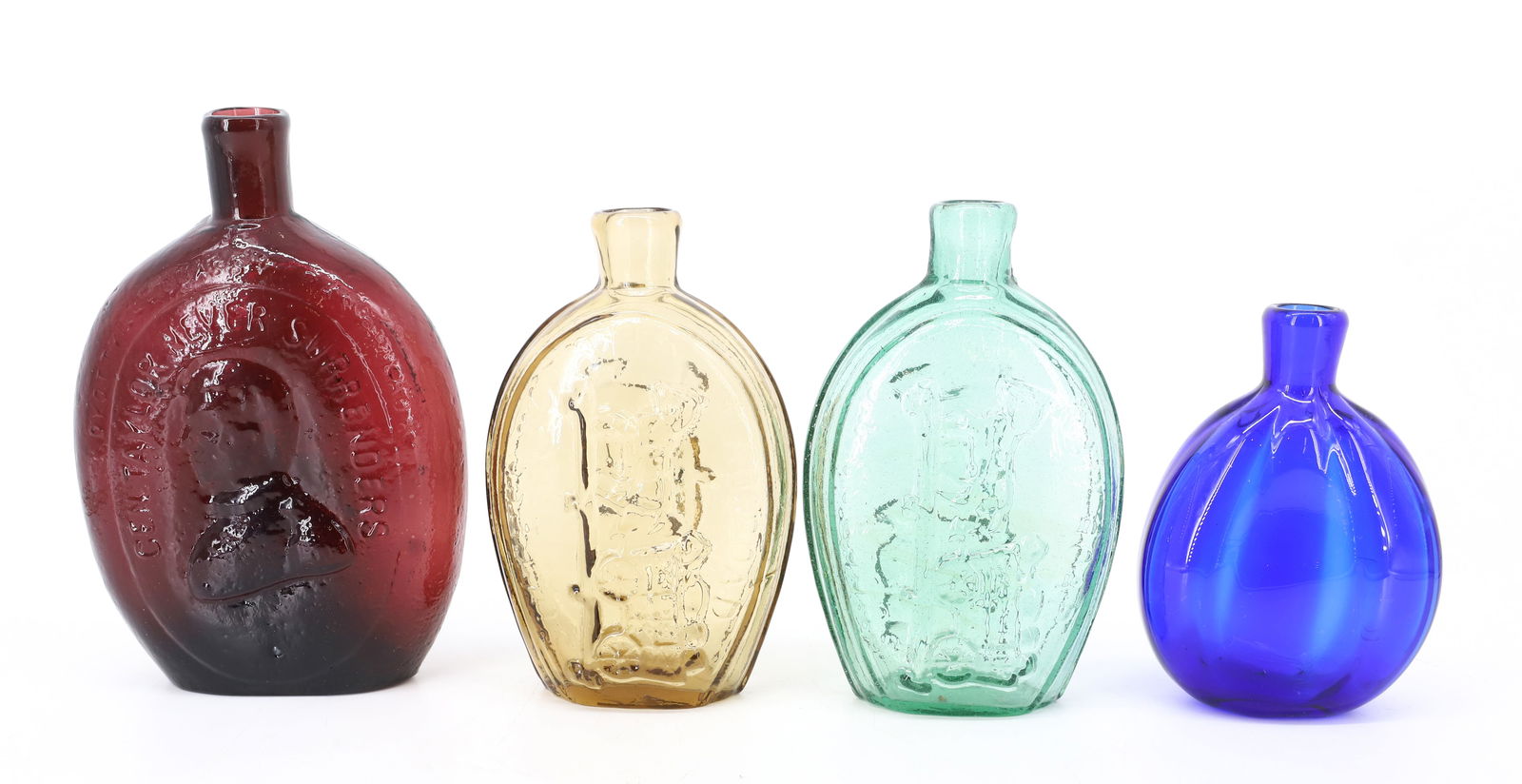 LOT OF HISTORICAL FLASKS: (4) CONTEMPORARY FLASKS INCLUDING: TWO "SUCCESS TO RAILROAD" 6 3/4" H. "GEN. TAYLOR NEVER SURRENDERS" 8 1/4" H. AND COBALT FLASK MRKD. MMA ON BOTTOM. PLEASE READ CAREFULLY - Terms for Purchasing and S