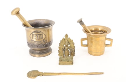 LOT OF MORTAR/PESTLES AND BRASS ITEMS