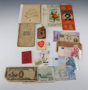 LOT OF PAPER GOODS AND CURRENCY: RELIGIOUS BOOKLETS, LEDGER, 1934 PITTSBURGH GAZETTE ADVERTISER, STAMPS AND EUROS/CANADIAN/MORE PAPER CURRENCY. PLEASE READ CAREFULLY - Terms for Purchasing and Shipping of Auction Items. Please read c