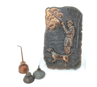 VINTAGE HUNTING PLAQUE AND OIL CANS