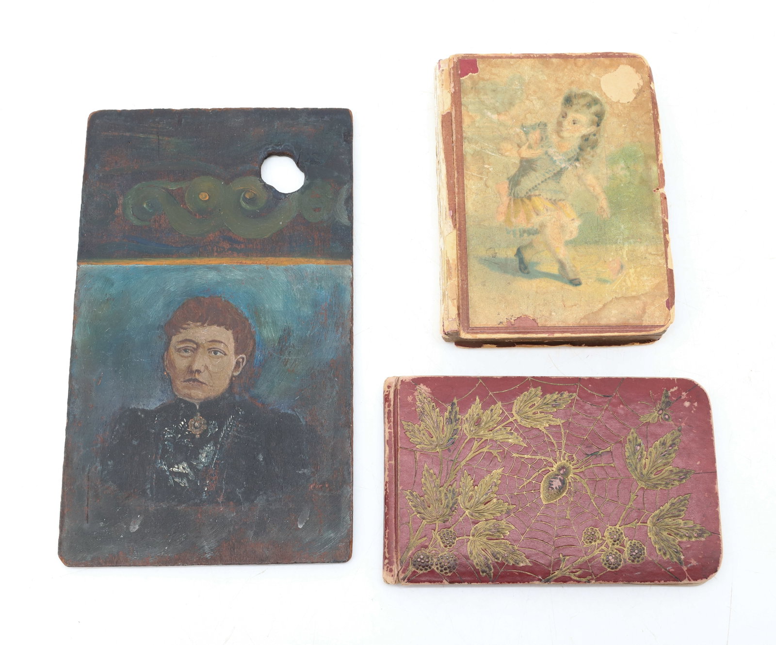19TH C. PHOTO AND AUTOGRAPH BOOKS: 1880S AUTOGRAPH BOOK WITH SPIDER/WEB ON FRONT. SMALL PHOTO ALBUM WITH TEN CDVS (ALBUM 5" X 4") PLUS, DOUBLE-SIDED PAINTING ON ARTIST'S PALETTE. PLEASE READ CAREFULLY - Terms for Purchasing and Shippin
