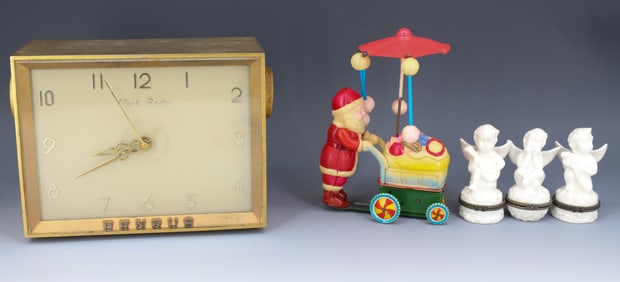 1950S BENRUS CLOCK RADIO, SANTA AND TRINKET BOXES