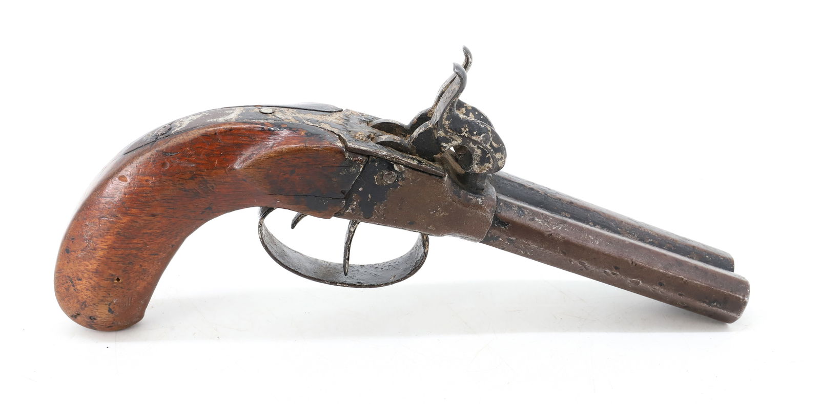 ANTIQUE DOUBLE-BARREL POCKET PISTOL: OCTAGONAL BARRELS. MRKD. "CSA" ON BOTTOM. BARRELS 3 5/8" L. PLEASE READ CAREFULLY - Terms for Purchasing and Shipping of Auction Items. Please read carefully before bidding. Hartzell’s Auction G