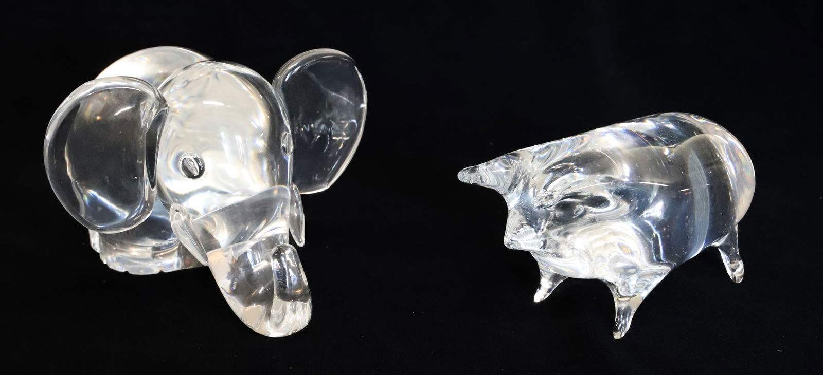 GLASS PIG AND STEUBEN ELEPHANT: PIG 5 1/4" L. AND ELEPHANT 6 1/4" (MRKD. ON BOTTOM EDGE). PLEASE READ CAREFULLY - Terms for Purchasing and Shipping of Auction Items. Please read carefully before bidding. Hartzell’s Auction Gal