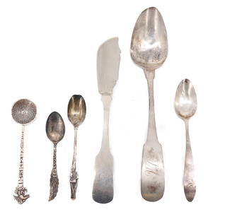 LOT OF SILVER SPOONS: INCLUDING COIN SILVER: LARGE SPOON 8 3/4" L. (ROSWELL BARTHOLOMEW, CT), KNIFE (HALLMARKS ON BACK), SMALL SPOON 5 1/8" (MONOGRAMMED "R"). PLUS, SOUVENIR SPOON "ELECTRIC TOWER, PAN-AMERICAN 1901, BUFFAL
