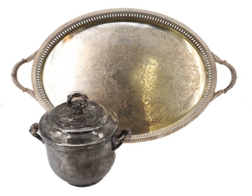 SILVER FOOTED TRAY AND ICE BUCKET