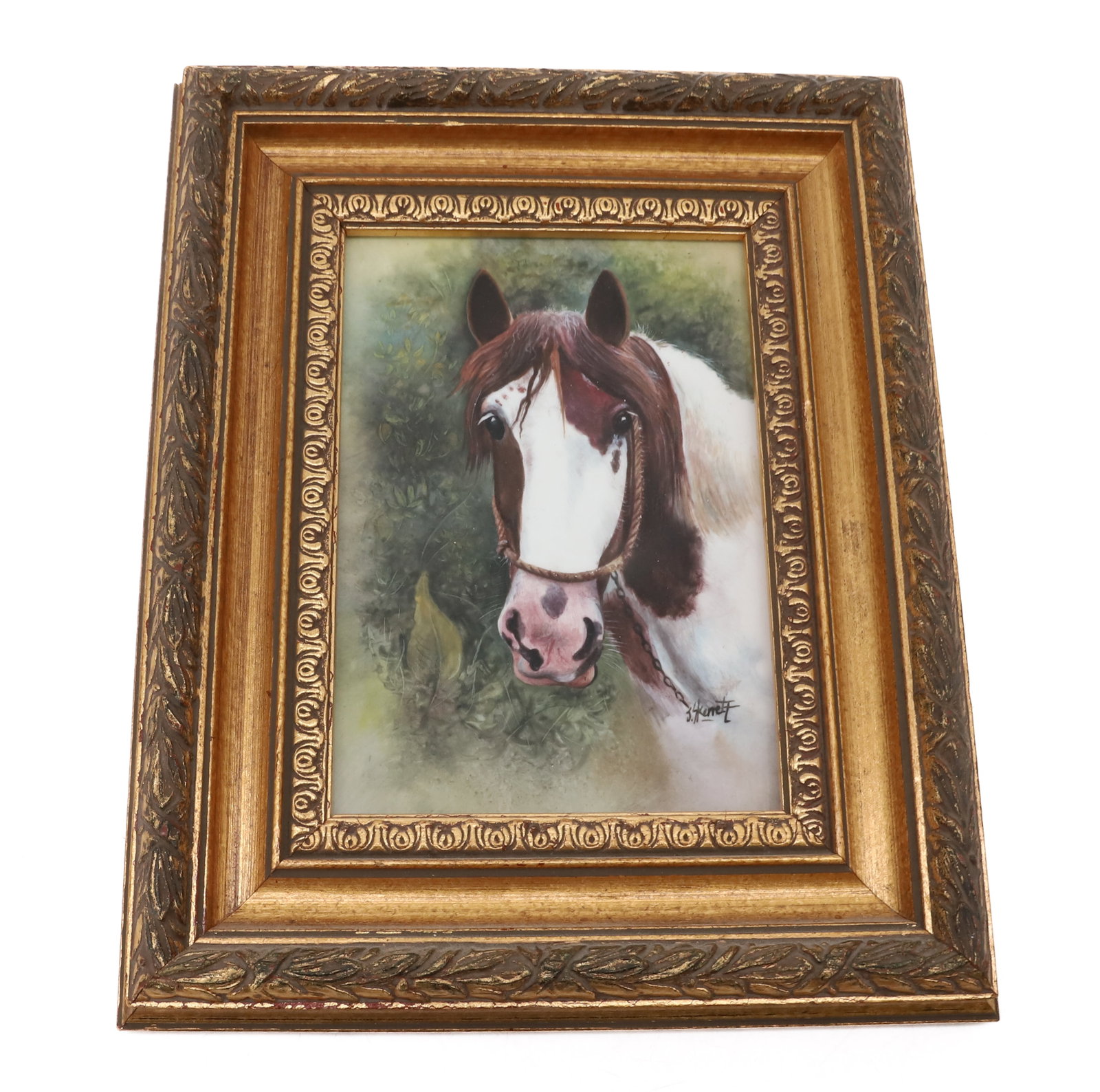 PAINTING OF A HORSE ON PORCELAIN: HAND PAINTED BY JAMES SKERRETT ON DURLEY FINE PORCELAIN (ENGLAND). FRAMED SIZE 11" X 8 3/4". PLEASE READ CAREFULLY - Terms for Purchasing and Shipping of Auction Items. Please read carefully before bi