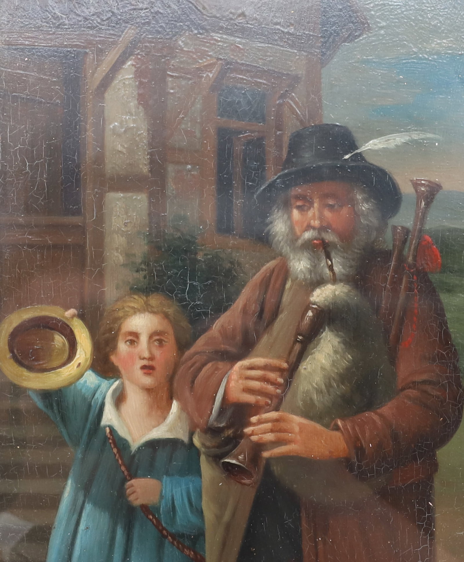 EUROPEAN PORTRAIT ON PORCELAIN: MAN PLAYING BAGPIPE WITH CHILD HOLDING HAT. FRAMED UNDER GLASS. 10 1/2" X 9". PLEASE READ CAREFULLY - Terms for Purchasing and Shipping of Auction Items. Please read carefully before bidding. Hartzell