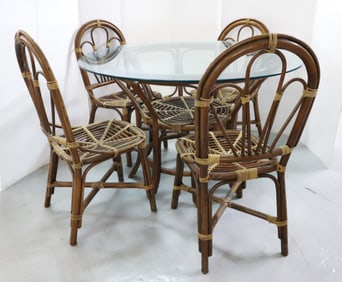 RATTAN TABLE / FOUR CHAIRS