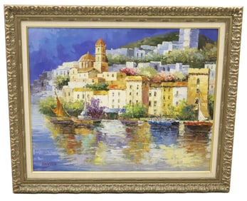 OIL ON CANVAS, COASTAL TOWN SCENE