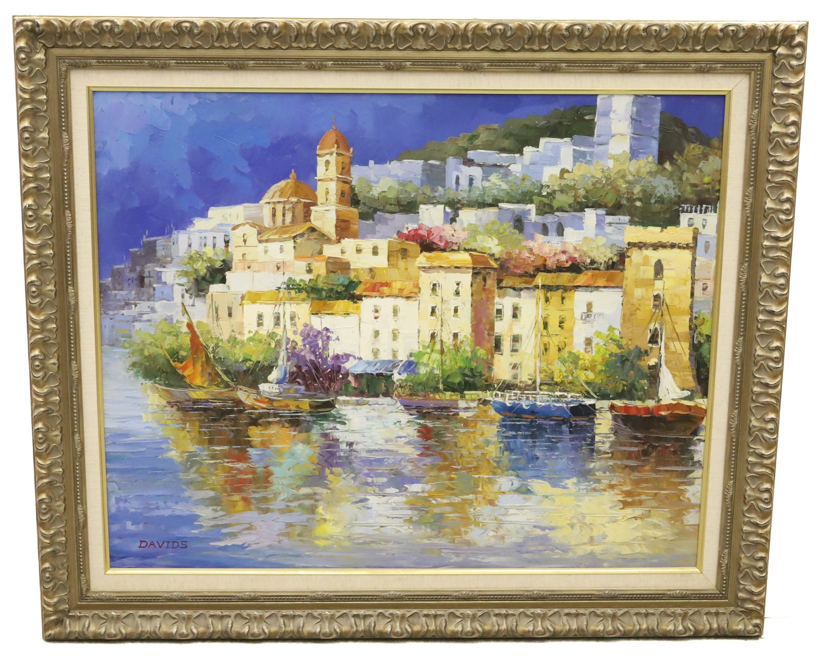 OIL ON CANVAS, COASTAL TOWN SCENE: COLORFUL BUILDINGS REFLECTING IN WATER. VIBRANT BLUE SKY. SGND. DAVIDS. FRAMED. TOTAL SIZE 30" X 36 1/2". DUE TO SIZE, THIS ITEM CANNOT BE SHIPPED IN-HOUSE. WINNING BIDDER MAY PICK-UP IN 18013 OR ARRA