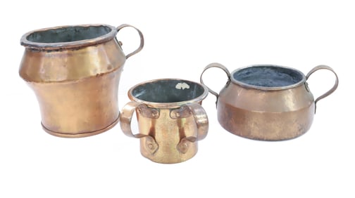 LOT OF HANDLED COPPER POTS