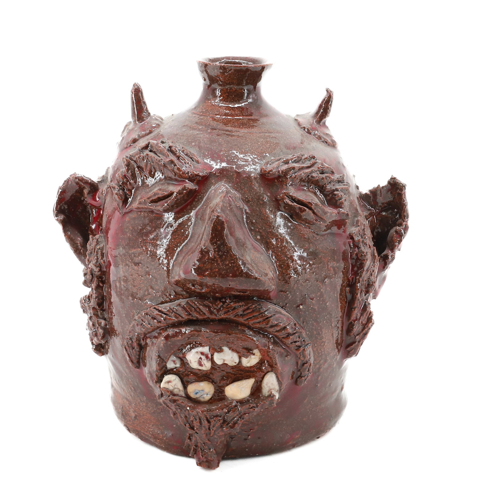 ANDY BROWN POTTERY FACE JUG: TEXTURED FEATURES, DEVIL HORNS, AND SHARD TEETH - ,MARKED ON BOTTOM; "OL DEVIL #3 - 7" H PLEASE READ CAREFULLY - Terms for Purchasing and Shipping of Auction Items. Please read carefully before biddin