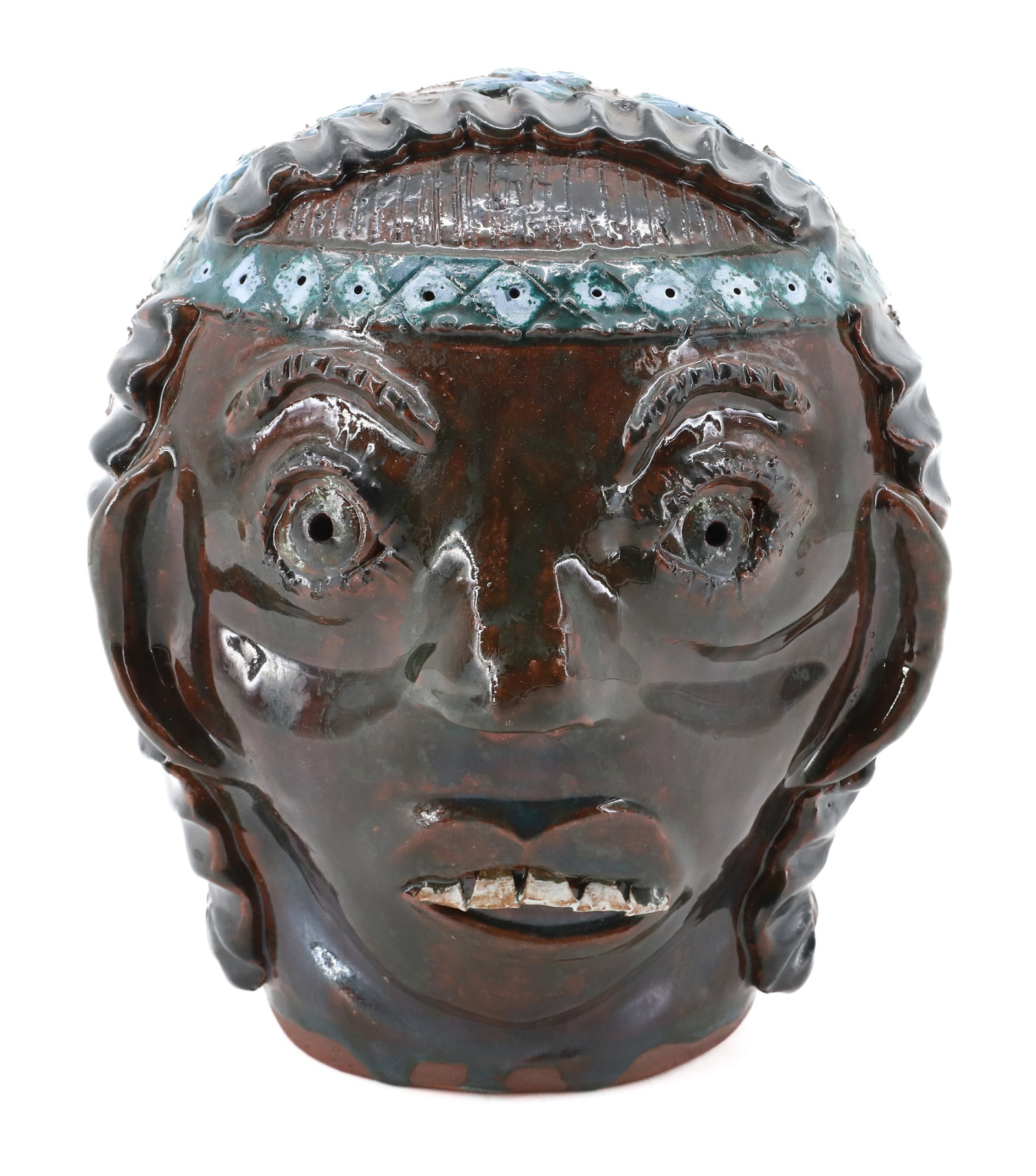 FERGUSON POTTERY FACE JUG: BOBBY AND MARY FERGUSON, NATIVE AMERICAN FACE JUG - TEXTURED HAIR WITH GREEN HEADBAND AND SHARD TEETH, MARKED ON BOTTOM; GILLSVILLE, GA 98 - 7 1/4" H PLEASE READ CAREFULLY - Terms for Purchasing and S