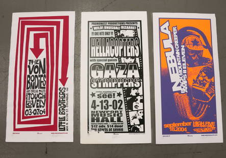 (3) VINTAGE POSTERS: NEBULA, BLACK MOUNTAIN CREEPER, AMPS II ELEVEN, SEPTEMBER 18, 2004. #53/100 (SGND/NUMBERED IN PENCIL AT BOTTOM). 26" X 13". HELLACOPTERS AND THE VON BONDIES. BOTH NUMBERED AND SGND. IN PENCIL AT BOTTO