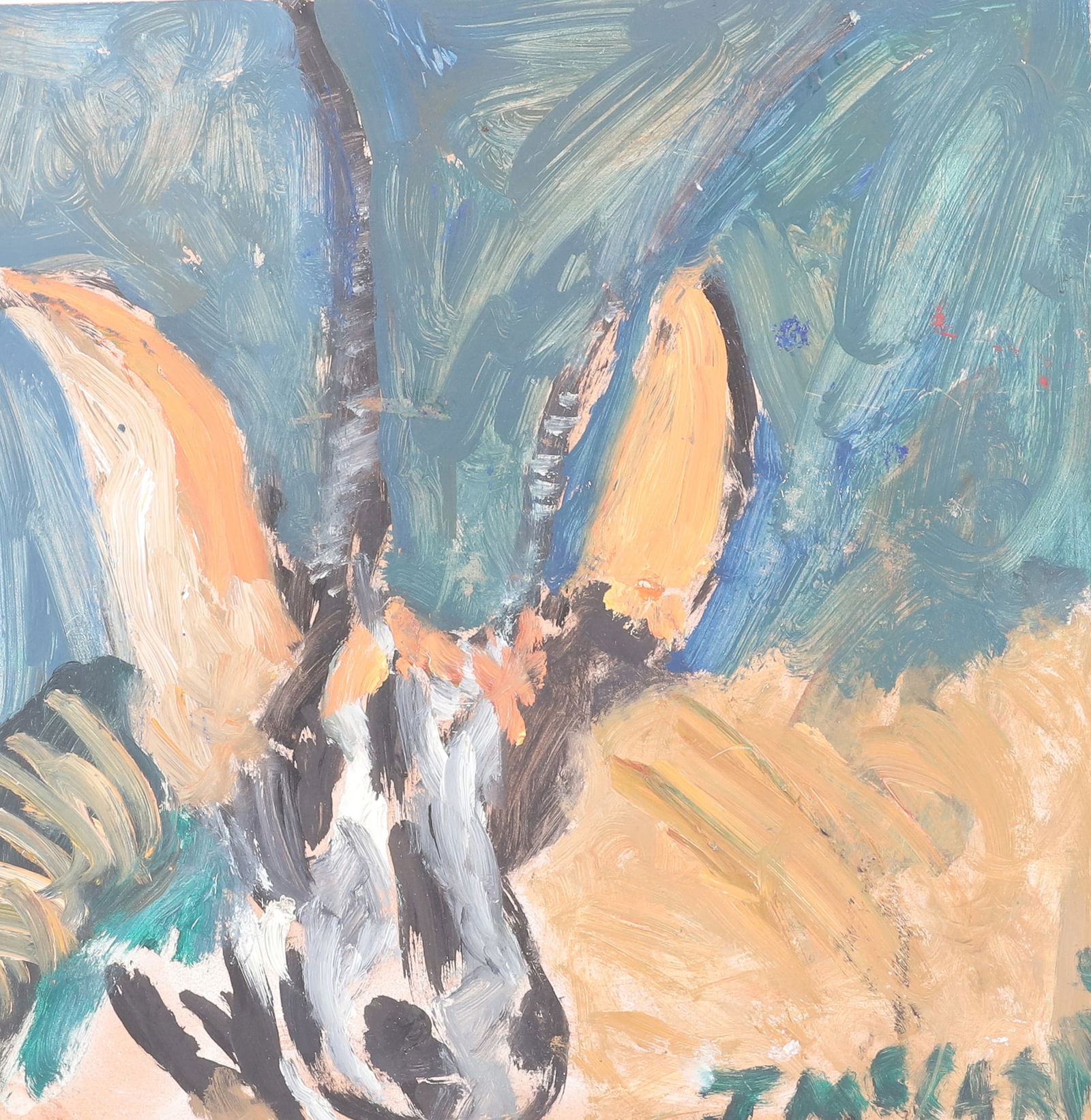 JUSTIN MCCARTHY OIL ON BOARD: STYLIZED ANIMAL IN FOREGROUND. SGND. LOWER RIGHT. UNFRAMED. 12" X 12". FROM THE PRIVATE COLLECTION OF KATHRYN ZERVOS, GRAND DAUGHTER OF STERLING STRAUSER. INV. 320. PLEASE READ CAREFULLY - Terms for P