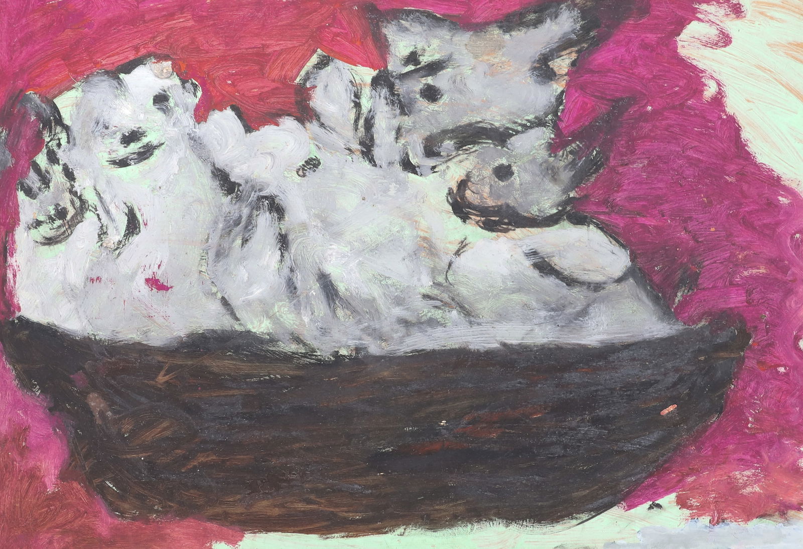 JUSTIN MCCARTHY OIL ON BOARD: PUPPIES IN A BOWL. 16" X 22". UNSIGNED. FROM THE PRIVATE COLLECTION OF KATHRYN ZERVOS, GRAND DAUGHTER OF STERLING STRAUSER. INV. 271. PLEASE READ CAREFULLY - Terms for Purchasing and Shipping of Aucti
