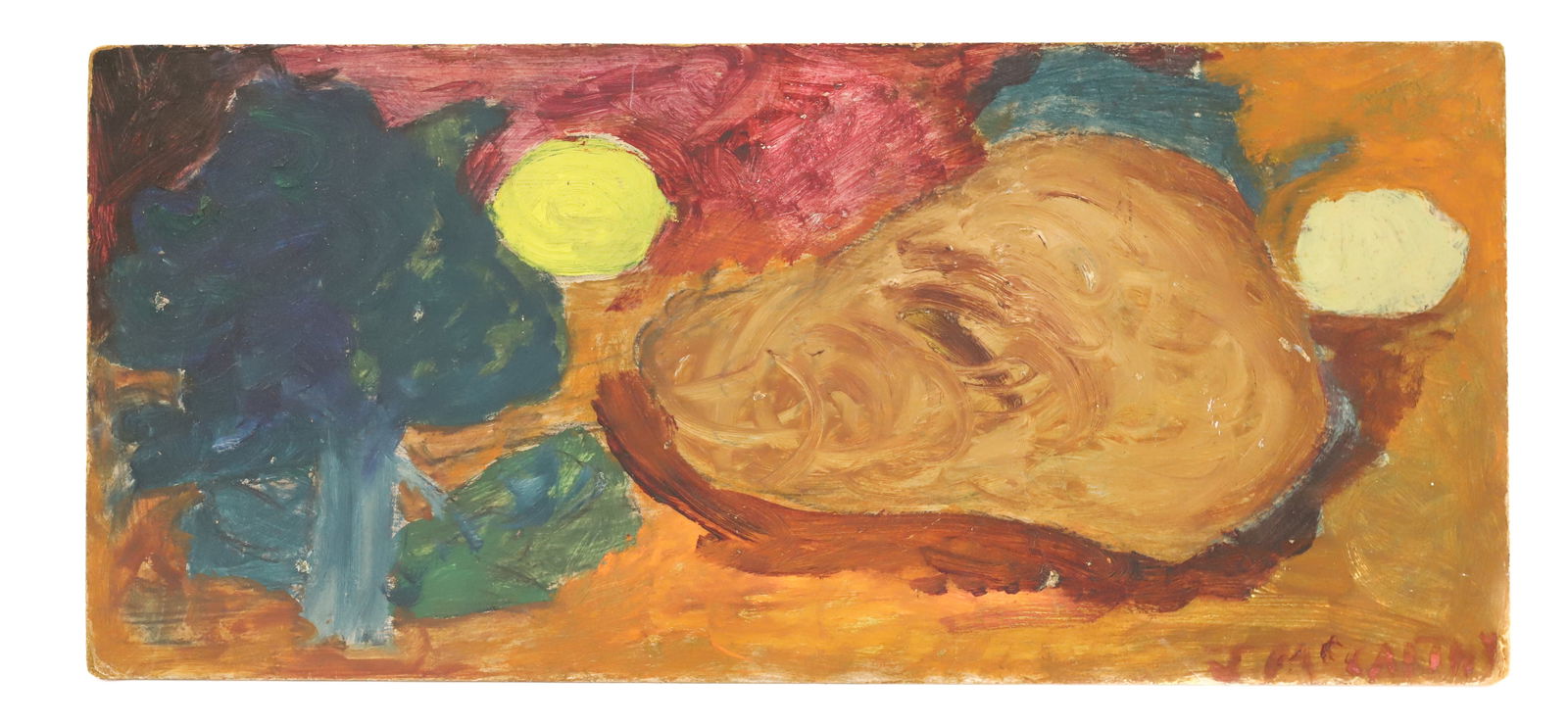 JUSTIN MCCARTHY OIL ON BOARD: VEGETABLE AND FRUIT STILL LIFE. SGND. LOWER RIGHT. 11 1/4" X 25". FROM THE PRIVATE COLLECTION OF KATHRYN ZERVOS, GRAND DAUGHTER OF STERLING STRAUSER. INV. 309. PLEASE READ CAREFULLY - Terms for Purcha