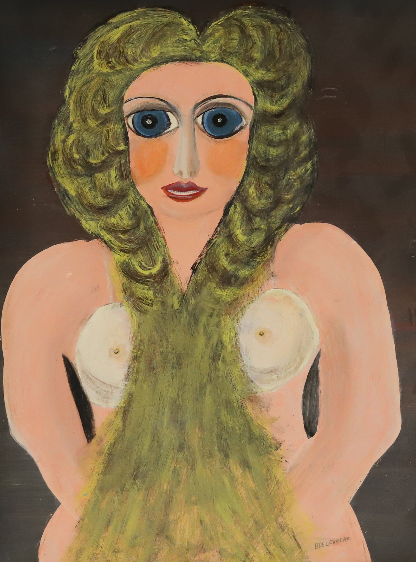 BRUNO DEL FAVERO OIL ON BOARD: PORTRAIT OF A WOMAN. NUDE WOMAN WITH LONG, GOLDEN HAIR. LARGE BLUE EYES. SGND. BOTTOM RIGHT. SGND. ON BACK #250. 32 1/2" X 24 1/2" TOTAL SIZE. PLEASE READ CAREFULLY - Terms for Purchasing and Shipping