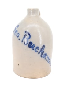 BLUE DECORATED SCRIPT ADVERTISING JUG