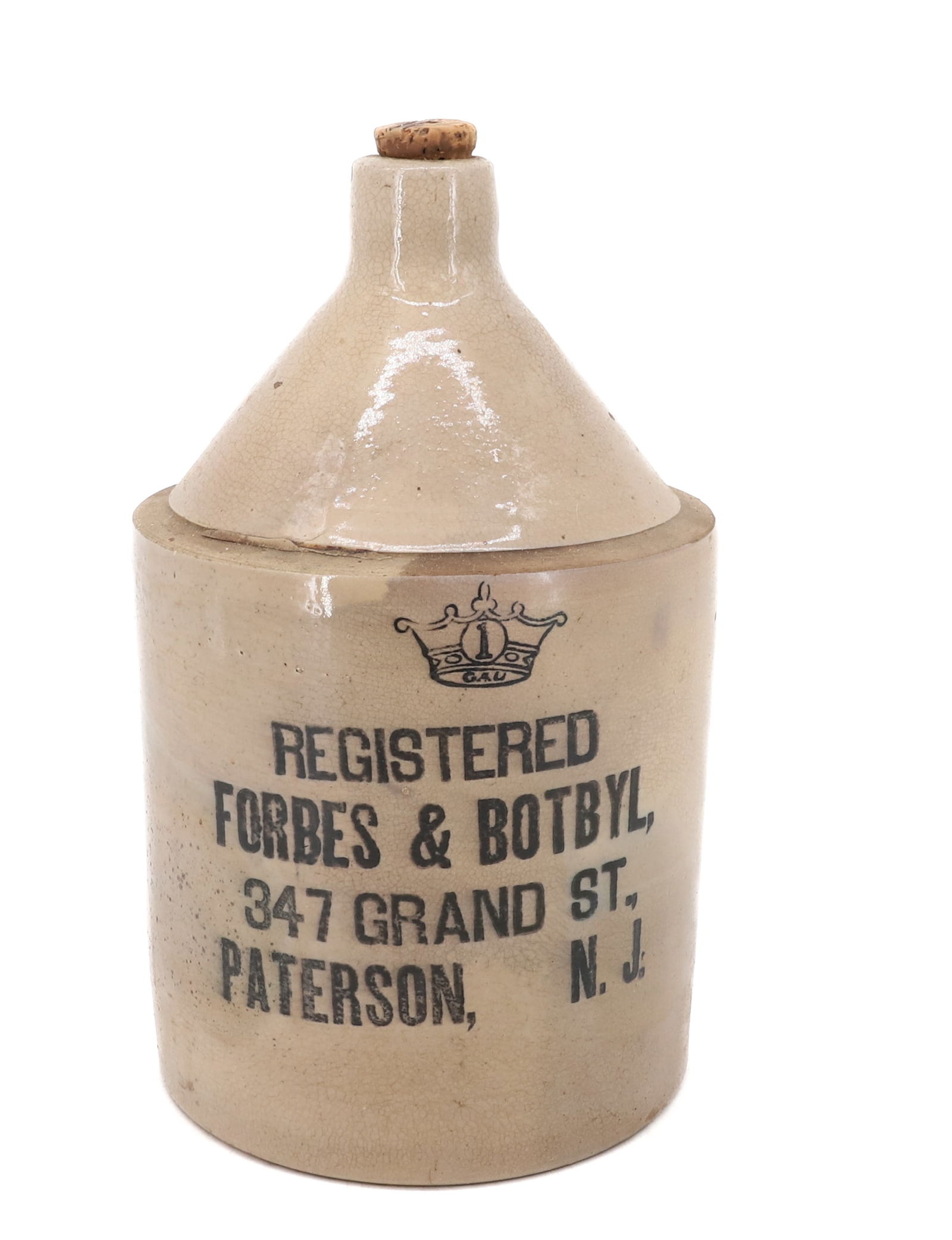 FORBES & BOTBYL STONEWARE ADVERTISING JUG: MRKD. "1", 347 GRAND ST., PATERSON, N.J." 11 1/2" H. PLEASE READ CAREFULLY - Terms for Purchasing and Shipping of Auction Items. Please read carefully before bidding. Hartzell’s Auction Gallery.
